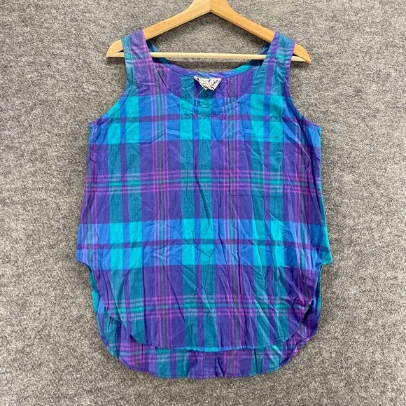 New Pazzle Blouse Women L Large Blue Plaid Sleeveless Wide Strap Round Neck - Picture 1 of 10